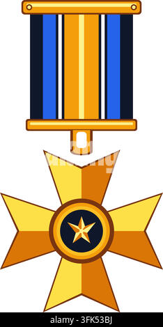 Illustration vectorielle d'une médaille militaire dorée avec une étoile et un ruban bleu, isolée sur fond blanc Illustration de Vecteur