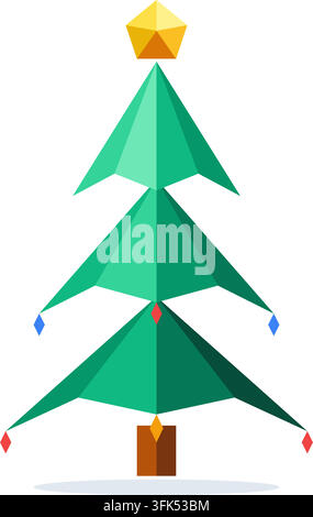 Illustration vectorielle basse résolution d'un sapin de Noël avec une étoile géométrique au sommet, des branches de pin vertes et des ornements colorés sur fond blanc Illustration de Vecteur