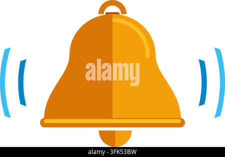 Icône vectorielle de cloche orange sonnante avec des ondes sonores bleues, symbole de notification en conception plate isolé sur fond blanc Illustration de Vecteur