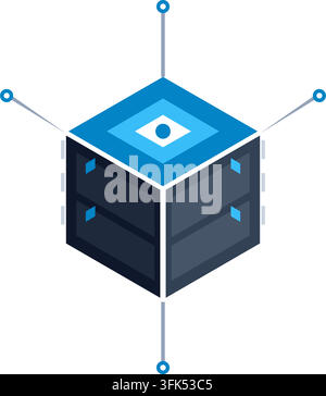 Illustration vectorielle isométrique d'un rack de serveurs avec nœuds réseau, représentant les concepts de cloud computing et de stockage de données. Illustration de Vecteur