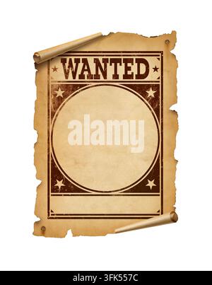 Vintage Wanted affiche parchemin avec bordure occidentale décorative isolé sur fond blanc Banque D'Images