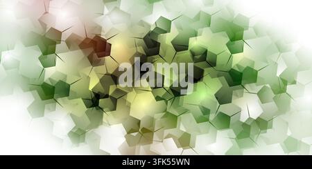 Un fond abstrait présentant des hexagones géométriques superposés vert vif, jaune et brun avec des reflets lumineux et des lignes de connexion sombres. Banque D'Images