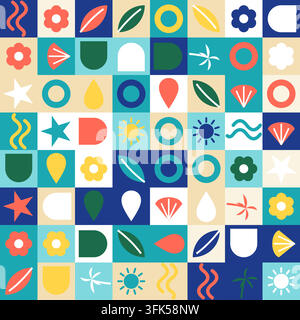 Motif d'été sans couture composé de blocs carrés colorés avec des formes simples : soleil, vagues, feuille, palmier, coquillage, fleur, étoile, goutte et arche, en turquoise, bleu marine, Illustration de Vecteur