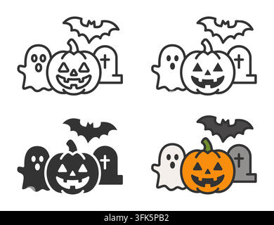Symboles d'Halloween : citrouille, fantôme, chauve-souris, symboles de pierre tombale en variations monochrome et colorées Illustration de Vecteur