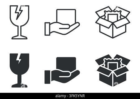 Icônes d'emballage pour objets fragiles : verre, manipuler avec soin, symboles de boîte Illustration de Vecteur
