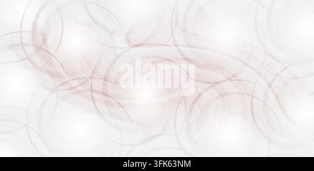 Design abstrait présentant des motifs de tourbillons rouges délavés, des cercles superposés et des points de lumière subtils sur un fond blanc texturé. Banque D'Images