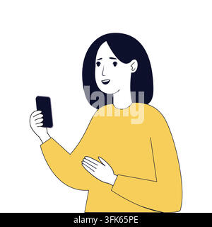 Femme tenant un smartphone et souriant en tenue jaune Illustration de Vecteur