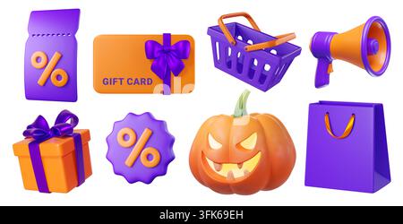 Set Halloween avec boîte cadeau, sacs, panier, mégaphone, citrouille, cartes-cadeaux, isolé sur fond. Icônes 3D vibrantes pour fêtes, Halloween. Banque D'Images