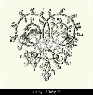 Lapins dans une guirlande de feuilles de chêne ornées, motif animalier décoratif, fond blanc, gravure du XIXe siècle. Banque D'Images