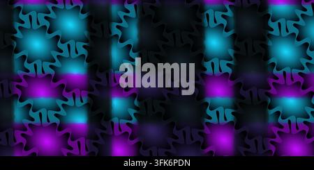 Un motif abstrait frappant avec des formes néon bleu et magenta lumineuses sur un fond sombre en bandes verticales. Banque D'Images