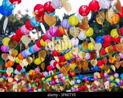 Busan, Corée du Sud - 14 février 2026 : Vue sur des lanternes en papier colorées et des étiquettes de prière en forme de feuille dorée suspendues au temple Haedong Yonggungsa. Banque D'Images