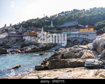 Busan, Busan, Corée du Sud - 14 février 2026 : Vue du temple Haedong Yonggungsa avec son architecture traditionnelle, son pont de pierre et sa côte rocheuse o Banque D'Images