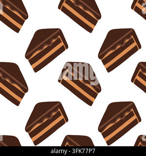 Motif de gâteau au chocolat dessert au cacao pâtisserie vecteur illustration répétée sans couture confiserie. Des tranches triangulaires répétées affichent une génoise sombre, crémeuse Illustration de Vecteur