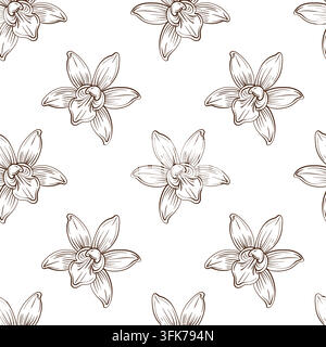Fleur d'orchidée vanille illustration botanique linéaire vectorielle motif sans couture avec des fleurs délicates répétées aux pétales détaillés et Illustration de Vecteur