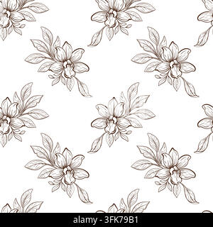 Feuilles de vanille, feuillage botanique, illustration de motif de motif linéaire vectoriel sans couture combinant des fleurs d'orchidée délicates avec un large motif tropical Illustration de Vecteur