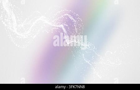 Une traînée gracieuse de particules blanc vif se déplaçant à travers un fond dégradé pastel multicolore doux avec une texture légèrement granuleuse. Banque D'Images