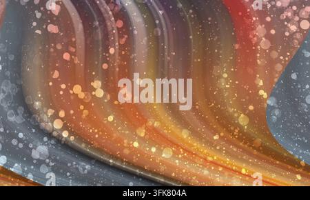 Une composition abstraite dynamique avec des lignes courbes fluides, mélangeant des teintes orange et jaunes chaudes avec des tons gris froids et des lumières dorées bokeh scintillantes Banque D'Images