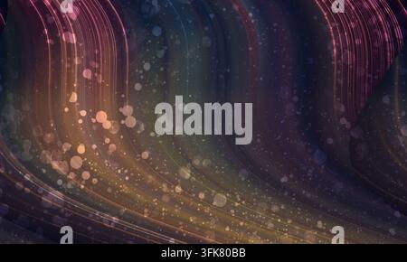 Une œuvre d'art numérique abstraite présentant des vagues profondes et sombres aux mouvements fluides avec des traînées de lumière violettes et orange éclatantes, rehaussées par un champ de bokeh scintillant Banque D'Images