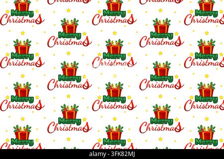 Motif de Noël sans couture mettant en scène des lettres répétées "Joyeux Noël" en écriture verte et rouge, des boîtes cadeaux rouges nouées avec un ruban doré et du St jaune Banque D'Images