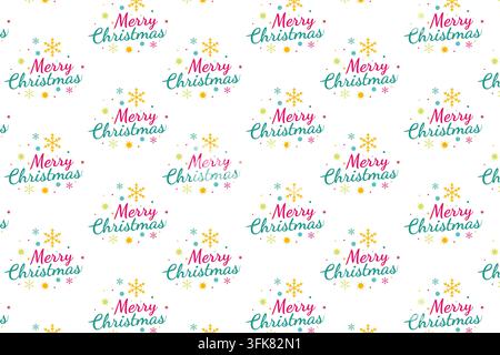 Motif de Noël sans couture mettant en avant des lettres «Joyeux Noël» répétées en écriture moderne rose et bleu-vert, entourées de flocons de neige et d'étoiles multicolores a Banque D'Images