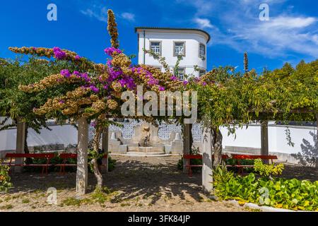 Des vignes de bougainvillées violettes éclatantes fleurissent sur une pergola avec des bancs rouges dans une charmante place européenne sous un ciel bleu éclatant. Banque D'Images