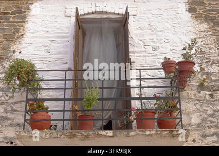 Un bâtiment traditionnel en pierre possède un balcon avec des rambardes en fer noir et plusieurs pots en terre cuite contenant des plantes vertes et des fleurs rouges. Une fenêtre Banque D'Images