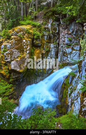 Cascade de Christine Falls dévalant à travers un ravin moussu et une forêt luxuriante de Washington Banque D'Images