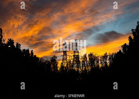 Silhouettes de poteaux de transmission haute tension et d'arbres sous un ciel flamboyant au coucher du soleil Banque D'Images