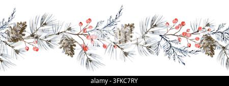 Bordure sans couture hivernale aquarellée avec branches de pin, cônes de pin et baies de houx rouges. Banque D'Images