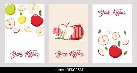 Ensemble de trois modèles de cartes de vœux pour Yom Kippour avec le texte "Happy Yom Kippur", comprenant des pommes, des grenades, des fleurs et des feuilles. Modèles colorés perf Banque D'Images