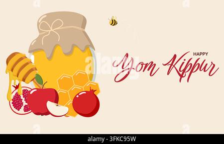 Illustration festiv de Yom Kippur avec le texte "Joyeux Yom Kippur", un pot de miel, une cuillère, une glycérie, une pomme, un grenade et une abeille. Design symbolique parfait pour les juifs Banque D'Images