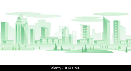 Fond abstrait de skyline urbaine éclairée avec silhouettes de bâtiments verts. Paysage urbain vectoriel futuriste, vue panoramique d'une ville moderne avec arbres géométriques, collines et nuages. Paysage urbain intelligent et propre Illustration de Vecteur