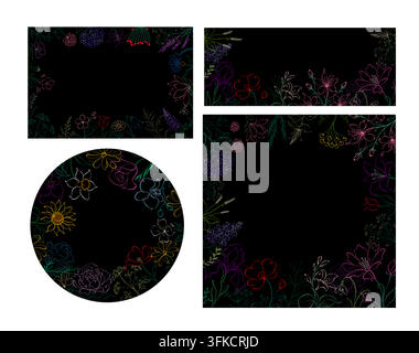 Ensemble de fleurs élégantes colorées en ligne unique. Ensemble de cadres floraux sur fond noir Dessiné à la main. Pas d'IA. Illustration vectorielle. Illustration de Vecteur