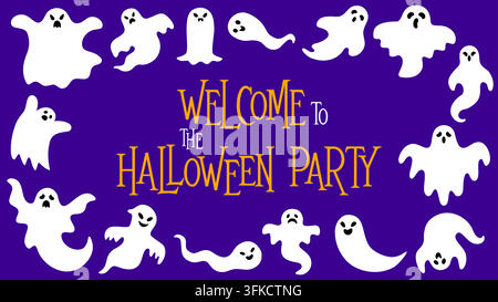 Bienvenue à la bannière de fête d'Halloween avec bordure de fantômes blancs sur illustration vectorielle violette Illustration de Vecteur
