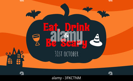 Bannière Halloween « Eat Drink and Be Scary » avec illustration vectorielle de citrouille et de maison hantée Illustration de Vecteur