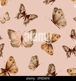Papillons marron et beige dans un style vintage sur un fond rose, motif sans couture. Illustration aquarelle. Pour tissu, textiles, papier peint, emballage Banque D'Images