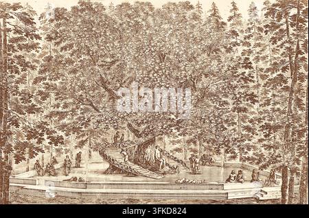 Stefano della Bella (1610–1664) - La Maison dans l’Arbre à Pratolino - vers 1653 - L’Arbre Habité - Un arbre géant avec une rampe ou un escalier en spirale construit autour du tronc. Situé dans les jardins de la Villa historique de Pratolino, un grand domaine de la Renaissance appartenant à la famille Médicis près de Florence. Plus précisément, les jardins historiques de la Villa di Pratolino en Toscane étaient célèbres pour leurs chênes colossaux et anciens. La structure construite autour comprend un escalier en double spirale enroulé directement autour du tronc central étendu, menant à une plateforme de repas cachée haut dans la canopée. Banque D'Images