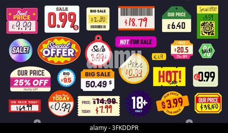 Autocollants de prix en papier pelé et étiquettes rétro de soldes, badges adhésifs réalistes, coupons collants de magasin avec coûts, pourcentages, code-barres et code QR. Re Illustration de Vecteur