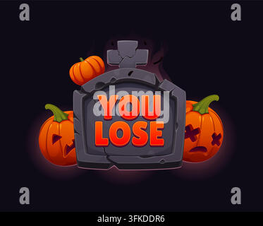 Asset d'icône de perte et d'échec du niveau de jeu d'arcade Halloween en style cartoon avec des personnages de citrouilles effrayants et des objets magiques. Écran de défaite vectoriel avec fond de pierre fissurée Illustration de Vecteur
