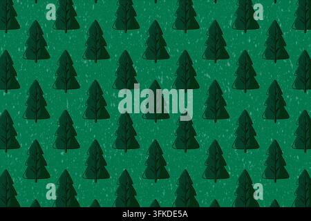 Motif sans joint de sapins de Noël vert foncé sur fond vert avec neige qui tombe. Papier cadeau de Noël, papier peint de fête, publications sur les réseaux sociaux. Banque D'Images