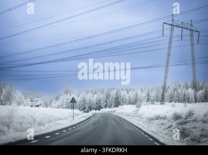 Une route sinueuse est entourée d'arbres dans un paysage hivernal. Des lignes électriques s'étendent au-dessus. La scène est capturée en utilisant une technique d'imagerie proche infrarouge Banque D'Images