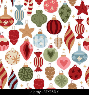 Motif sans couture pour les vacances d'hiver composé de baubles vintage et d'ornements de sapin de Noël pour tissu saisonnier, fond, emballage Illustration de Vecteur