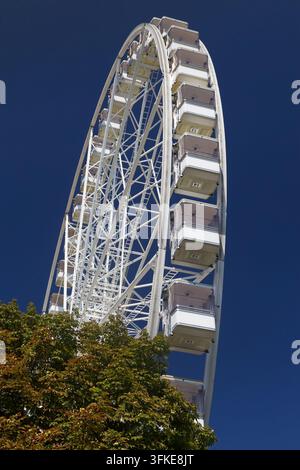 Vue en contre-plongée de la grande roue Budapest Eye contre un ciel bleu clair à Budapest, Hongrie. Banque D'Images