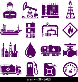 Production et transport d'extraction de l'industrie pétrolière, huile et essence Ensemble d'icônes noires avec pétrolier, plateforme et barils. Illustration vectorielle isolée. Illustration de Vecteur