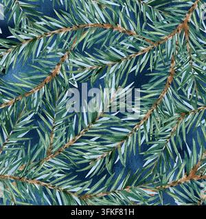 Motif sans joint aquarellé avec des branches de sapin vert sur fond bleu profond. Illustration peinte à la main pour du papier cadeau élégant de Noël, hiver Banque D'Images