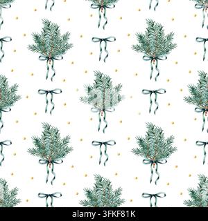 Bouquet de branches de pin motif festif sans couture. Brins d'épicéa à l'aquarelle sur fond blanc. Illustration isolée dessinée à la main avec un nœud vert Banque D'Images