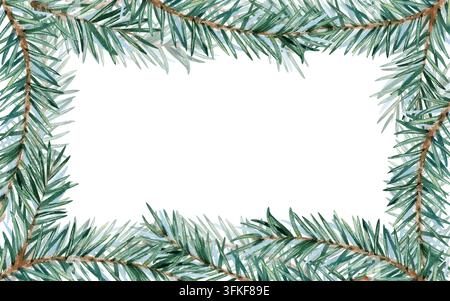 Cadre horizontal en aquarelle branches de sapin de Noël avec espace de copie. Sapin de pin à feuilles persistantes le long du périmètre. Illustration isolée sur blanc Banque D'Images
