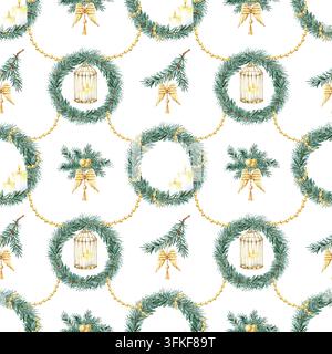 Motif festif de Noël aquarellé sans fin sur fond blanc, couronne de branches d'épicéa avec décor doré. Répétition de vacances bougie ornée brûlante, ange Banque D'Images