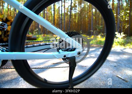 Détail en gros plan de la roue arrière, du cadre et du cassette de vitesse d'un vélo en extérieur dans la nature. Banque D'Images