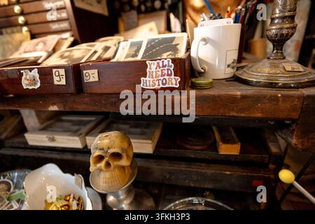Des appareils photo vintage, des machines à écrire, des pièces de monnaie, des meubles et des objets de collection remplissent une boutique d'antiquités traditionnelle dans la vieille ville de Varsovie. Banque D'Images